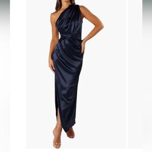 Elegant Navy Satin Evening Gown